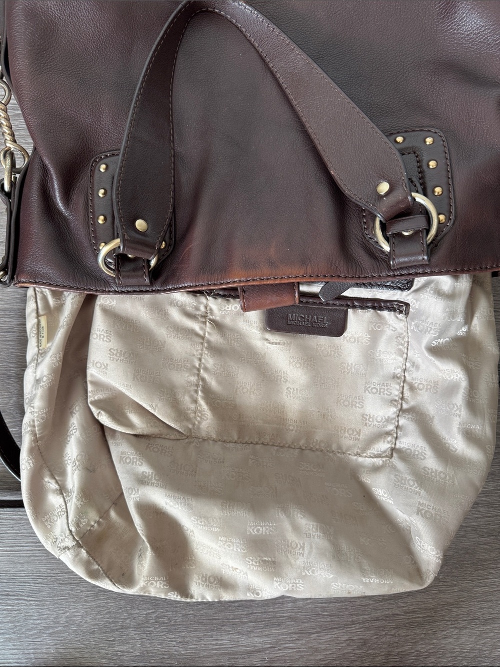 Nice Leather Michael Kors Dark Brown Shoulder Tote with Gold Accents - Picture 8 of 12
